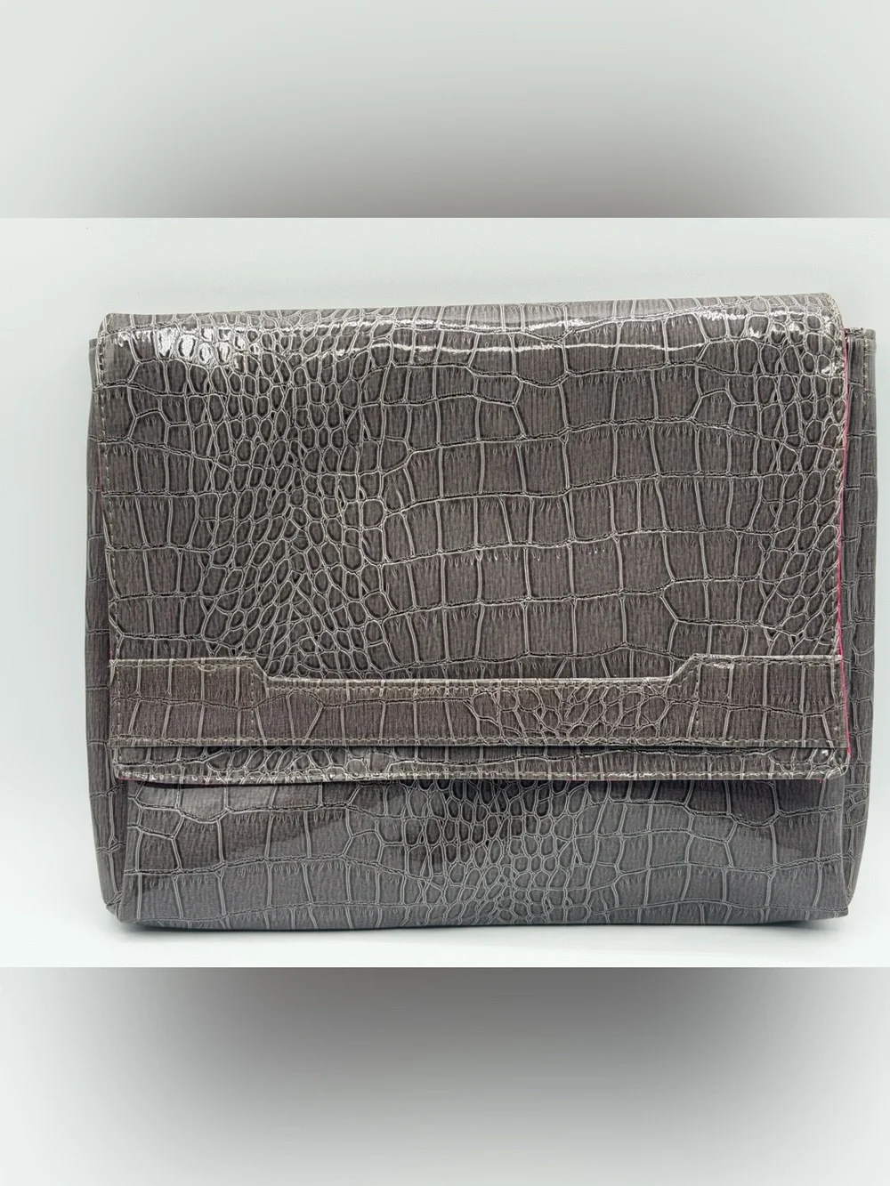 Vince Camuto Faux Gray Snakeskin Oversized Snap Closure Clutch Purse